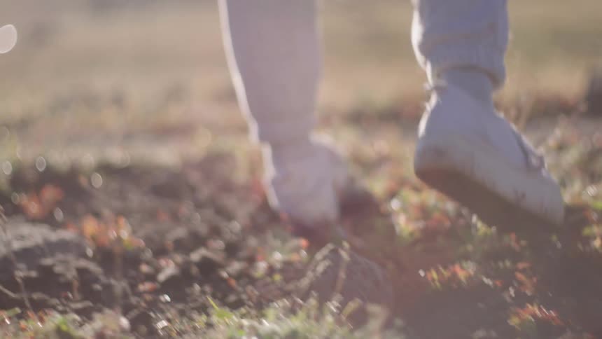 Person wearing sweat pants and white sneakers walks on grass during the day