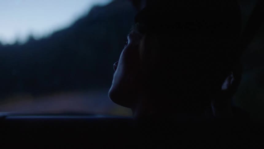 Portrait of a woman in the passenger seat of a moving car