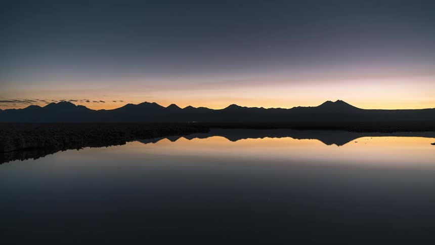 Lake reflects night sky then silhouetted mountains at sunrise and finally the same mountains during a bright sunny day