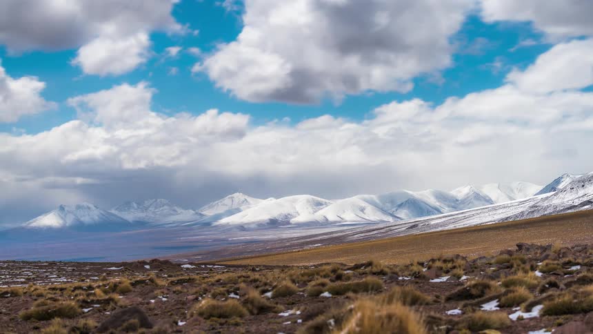 A desert with a mountain range of ice and snow in the background during the day