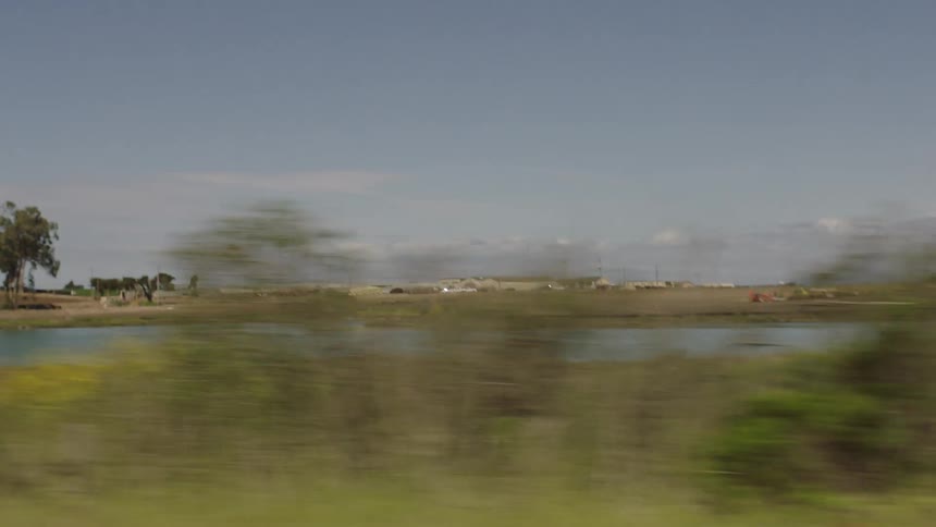 Lagoon vegetation and mountains in distant horizon seen from moving vehicle
