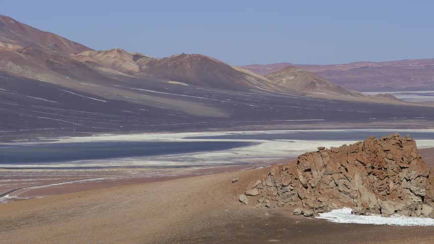 A mountainous desert with melting snow on a sunny day
