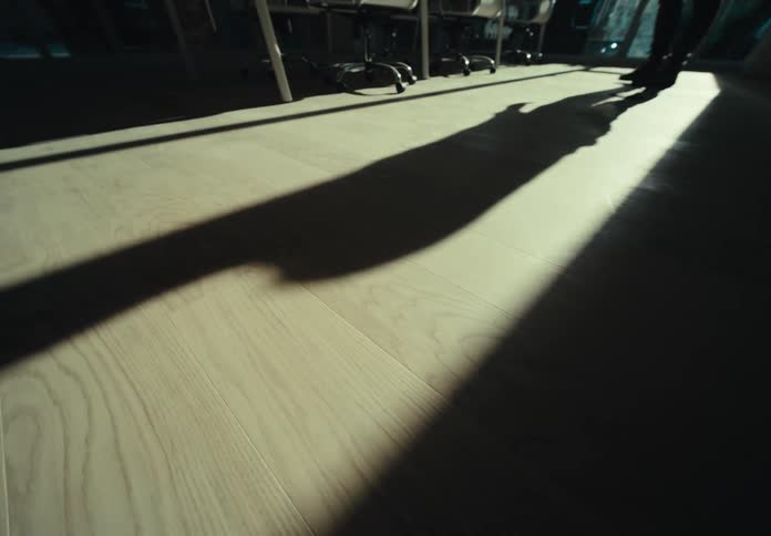 A shadow of a person walking on a wooden floor