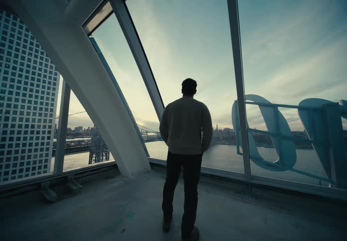 A man walks through a room to windows that overlook a city