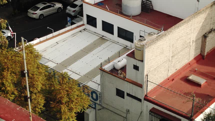 A roof of a suburban house and there is a street with cars passing by