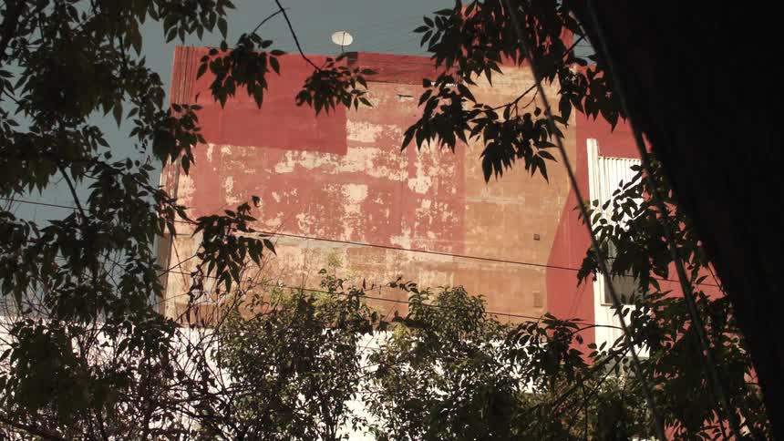View of a building wall with peeling paint