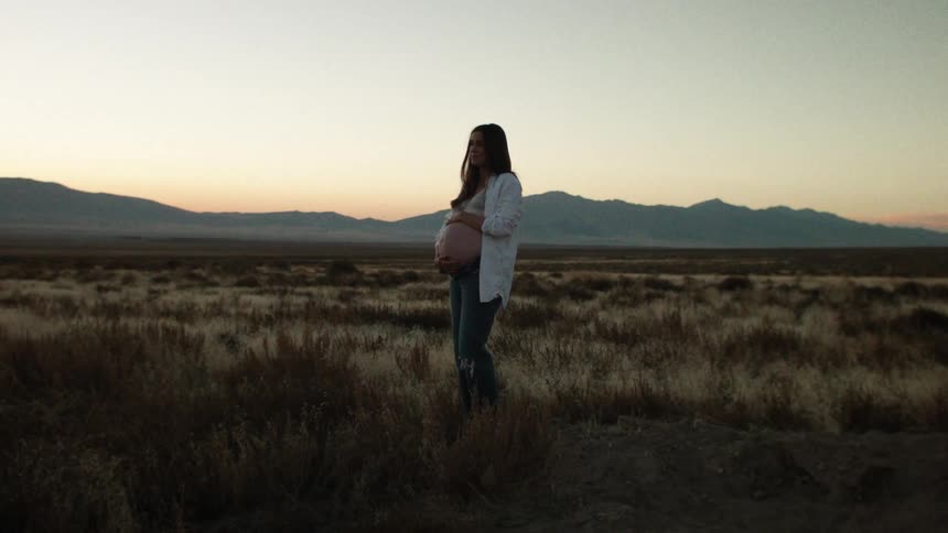 Pregnant woman rubs her belly on a peaceful field at sunset