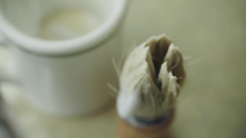 A wet shaving brush sits next to a cup