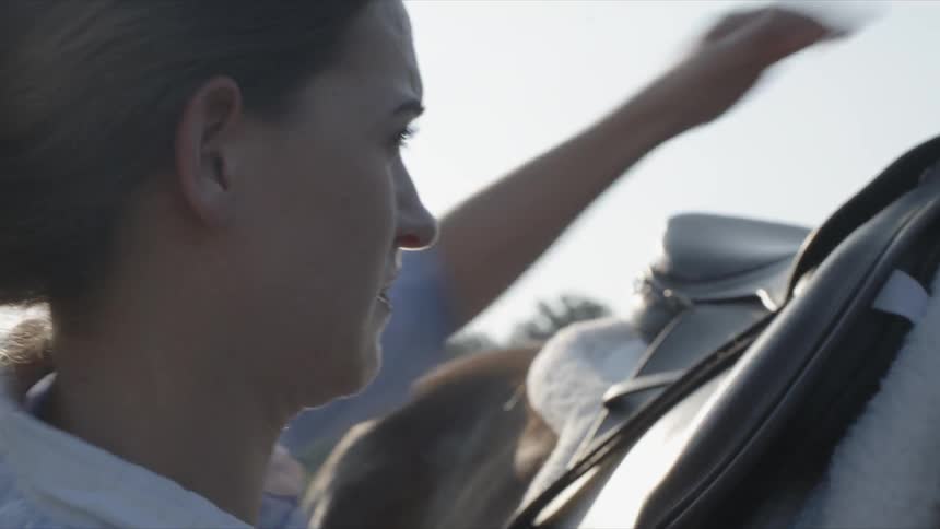 A woman is fastening a saddle to a horse