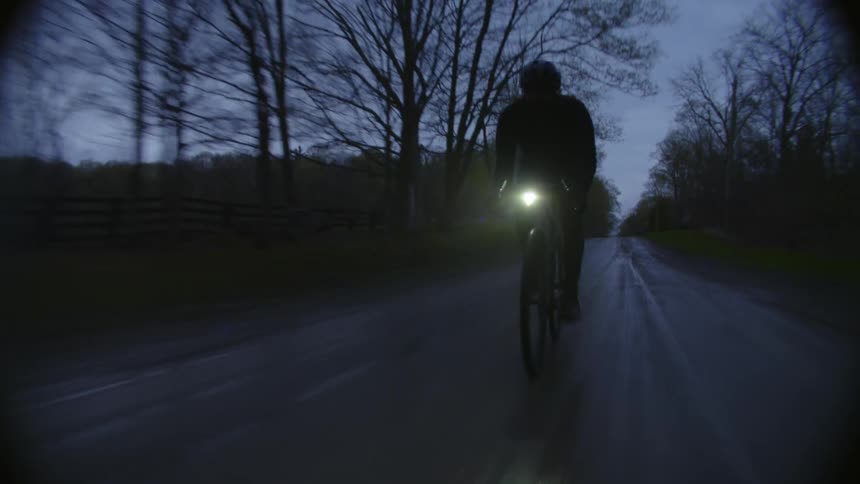 A person is cycling on a wet road at dusk surrounded by bare trees