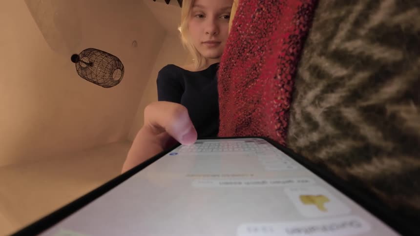 Young blonde woman lying in bed and typing on cell phone
