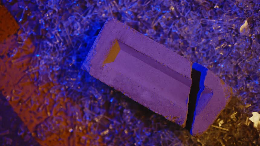 Police lights flash on a broken brick and glass shards