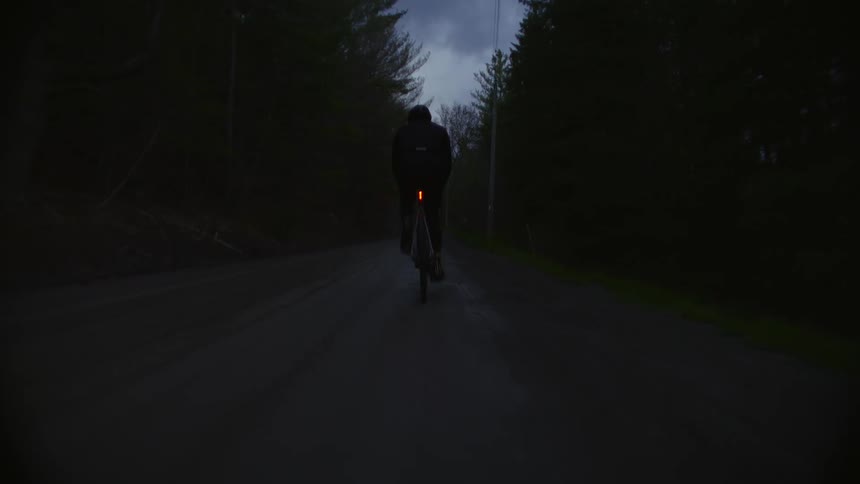 Cyclist pedals along on highway through dark conifer woods