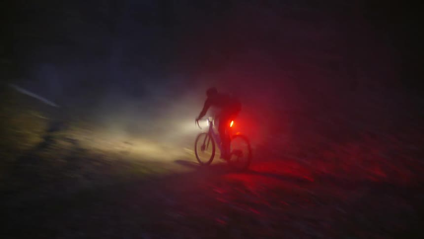 A person riding abicycle in the woods