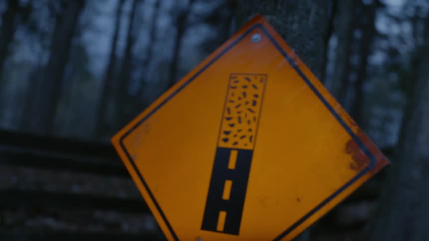 A hazard sign is in the woods