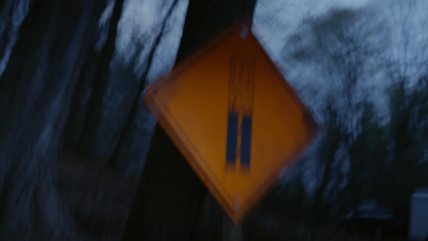 Sign in the middle of a forest on a cloudy day