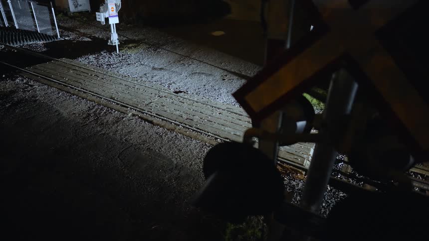 A person on a bicycle is crossing a railroad track at night