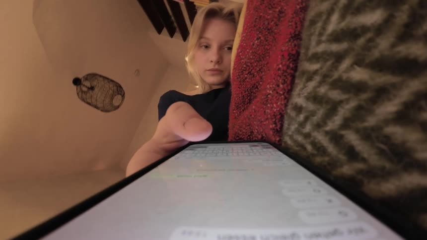 Young woman lying in bed when her cell phone screen lights up and she reads the notification