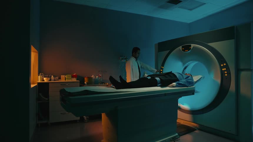 A person is about to have a ct scan in a dimly lit room