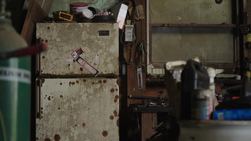 View of utensils and a rusty refrigerator inside a warehouse