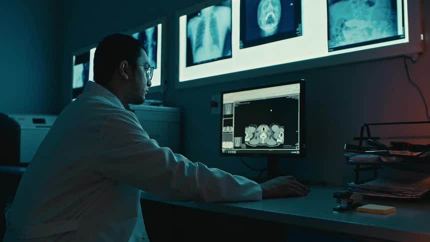 Doctor sitting at a table concentrated using the computer and analyzing radiographic images