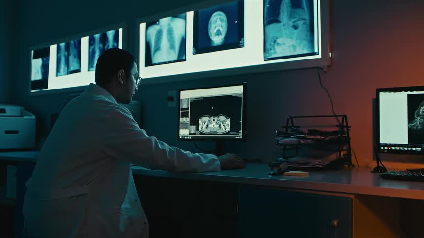 A man in a white coat is on his back working on a computer in a room full of monitors