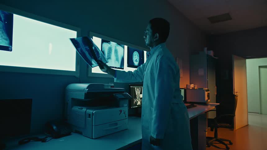 Doctor looking at xray images placed on the screen while standing