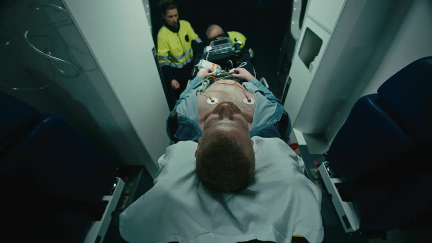 A clip of a patient being taken out of an ambulance