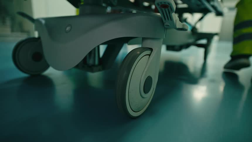 Closeup of the wheel of a hospital bed