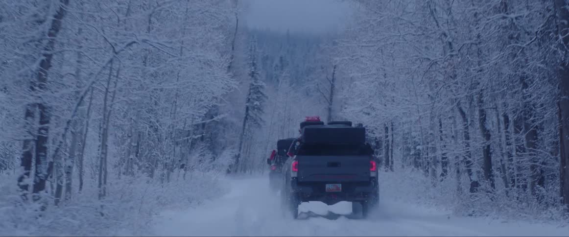 Two pickup trucks walking along a road in the middle of a forest covered in snow