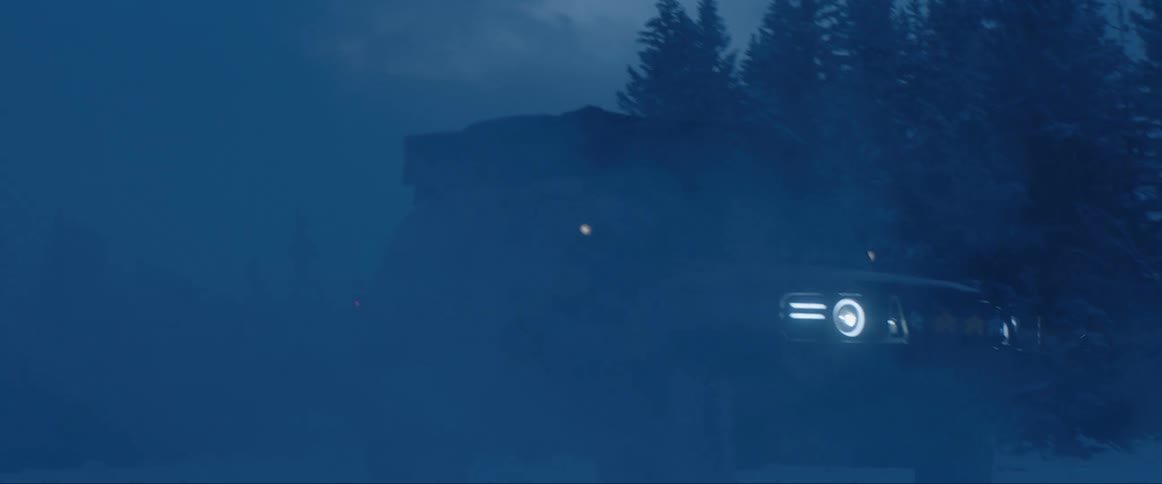 Vehicle with its headlights on drives through fog passing conifer trees