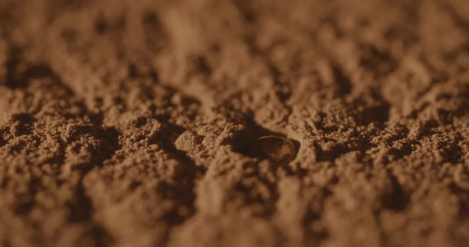 Droplet of water falls on loose brown sandy dirt and sinks in slowly