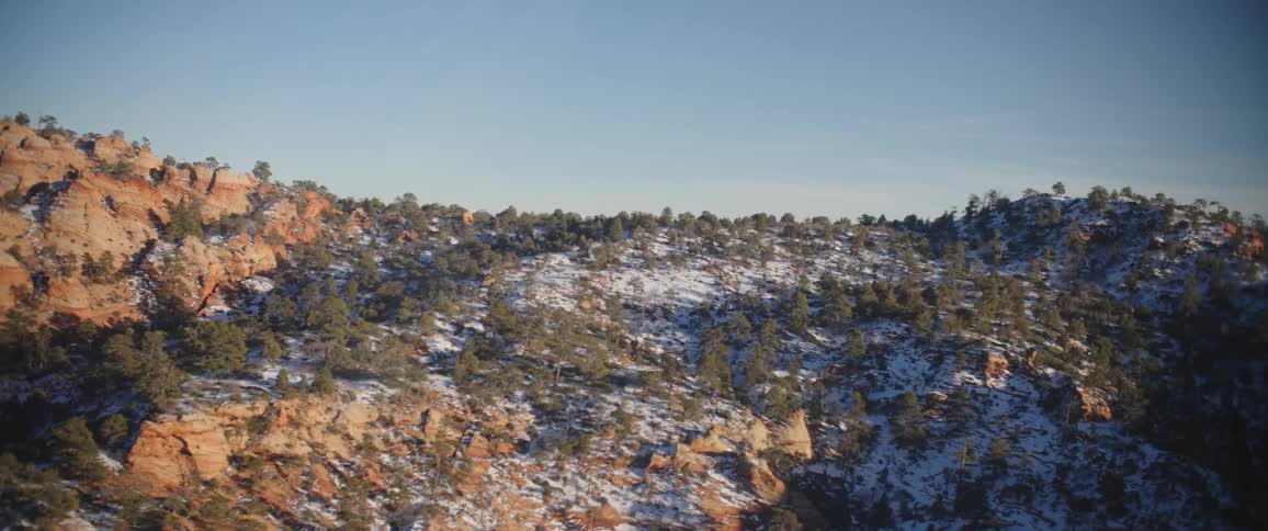 Snow covers partially forested rough mountain during winter