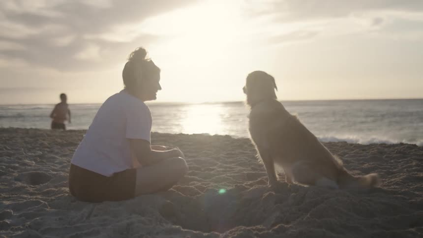 Woman sitting on the beach sand with her dog by her side and the sunset on the horizon