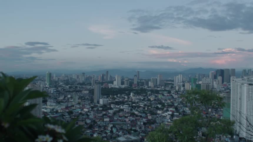 Panoramic view from the hillside of a large city with closely built houses and skyscrapers before dawn with a blue and pink sky
