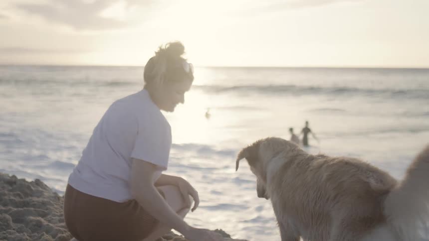 Woman sitting on the beach sand next to her golden and playing with him