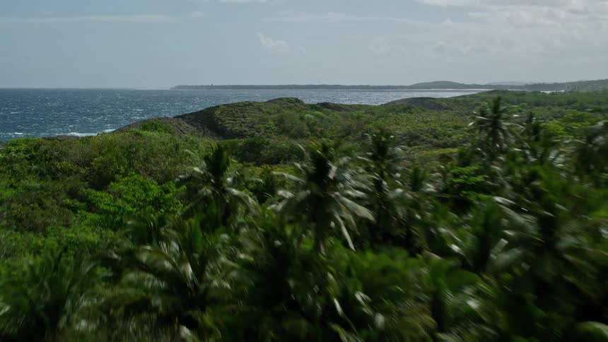 Waves crash against the shore of the tropical island
