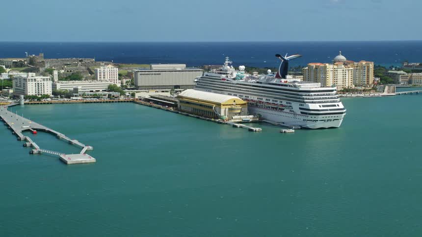 A huge white cruise ship parked in a port with crystal clear waters in a city