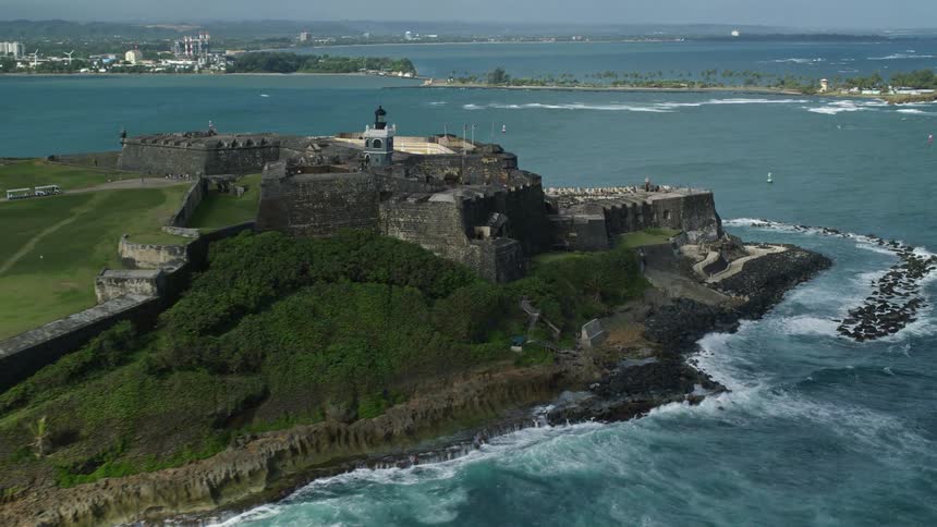 A fortress is on the edge of the island