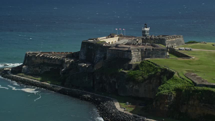 A fortress is on the shore of the island