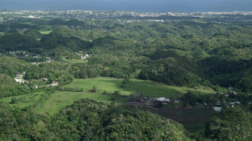 Aerial panorama of hills covered with vegetation and a residential city by the seaside