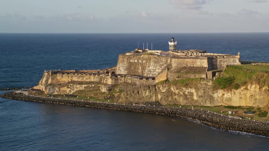 Aerial panorama of a fort on a seaside island