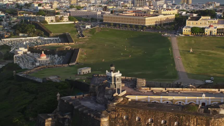 An aerial view of an ancient stone fort facing the sea