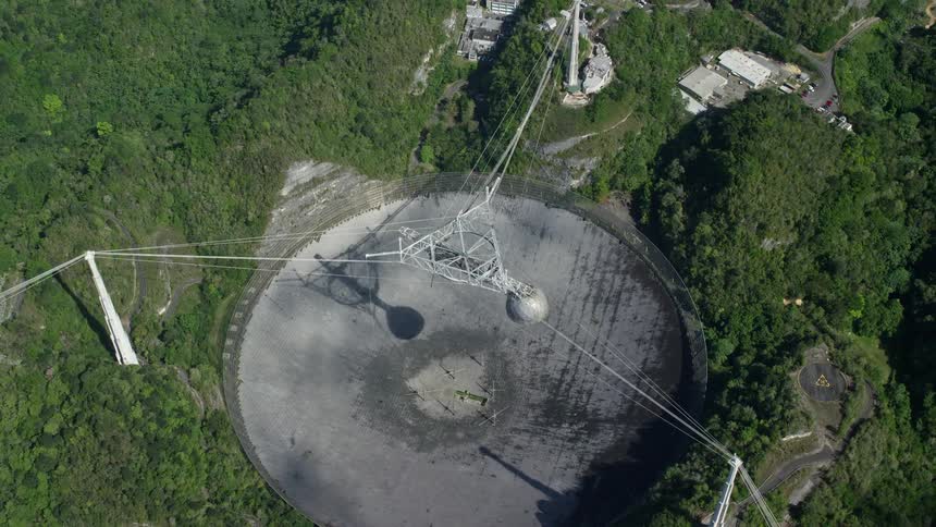 A huge radio telescope in the middle of a forest and cables holding a structure on top of the telescope