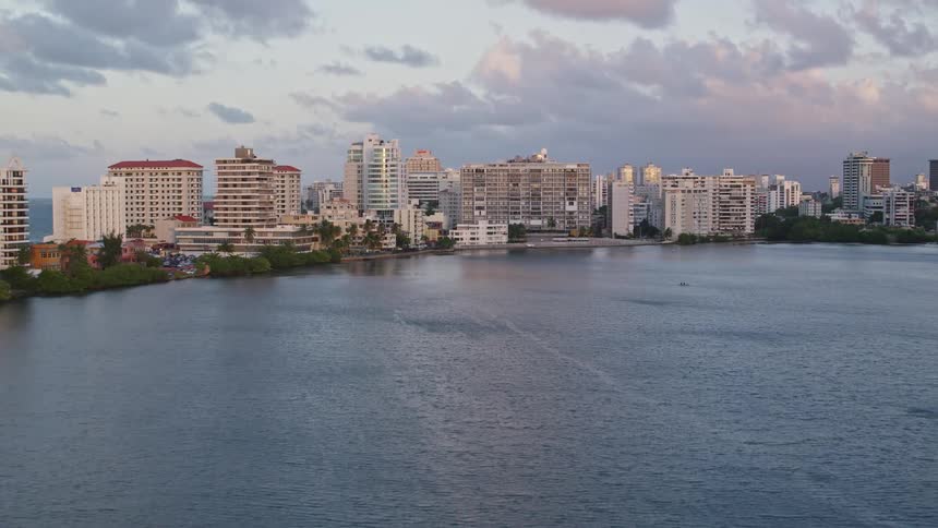 Aerial view of a waterfront city skyline