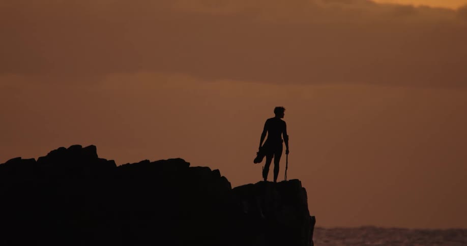 A man with a surfboard stands on rocks by the ocean