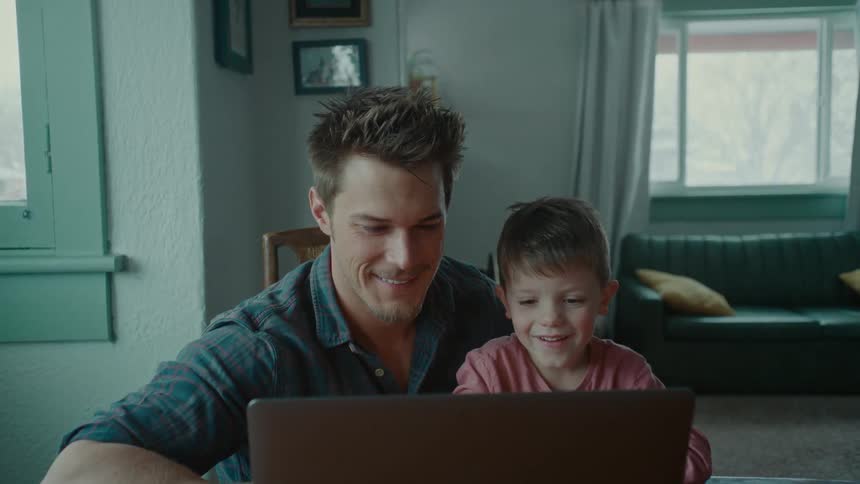 A father and his son use a laptop