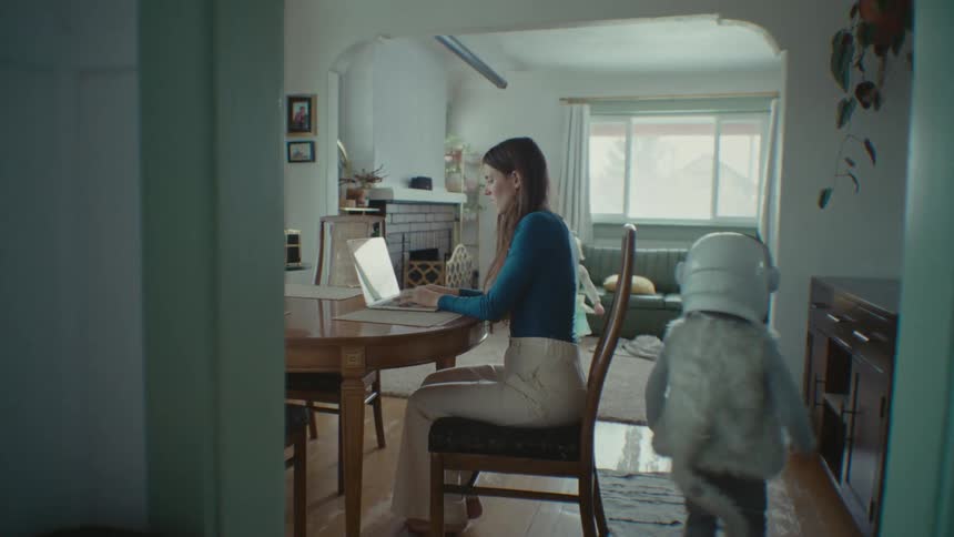 A woman sits at her laptop while her young son runs around her wearing an astronaut helmet and her younger daughter dances in the living room in a ballerina dress