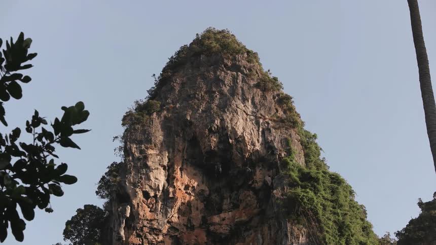 A rocky mountain is covered with greenery