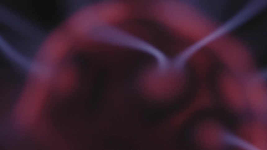A closeup view of purple and red electric patterns inside a plasma ball